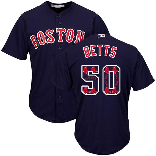 Red Sox #50 Mookie Betts Navy Blue Team Logo Fashion Stitched MLB Jersey - Click Image to Close